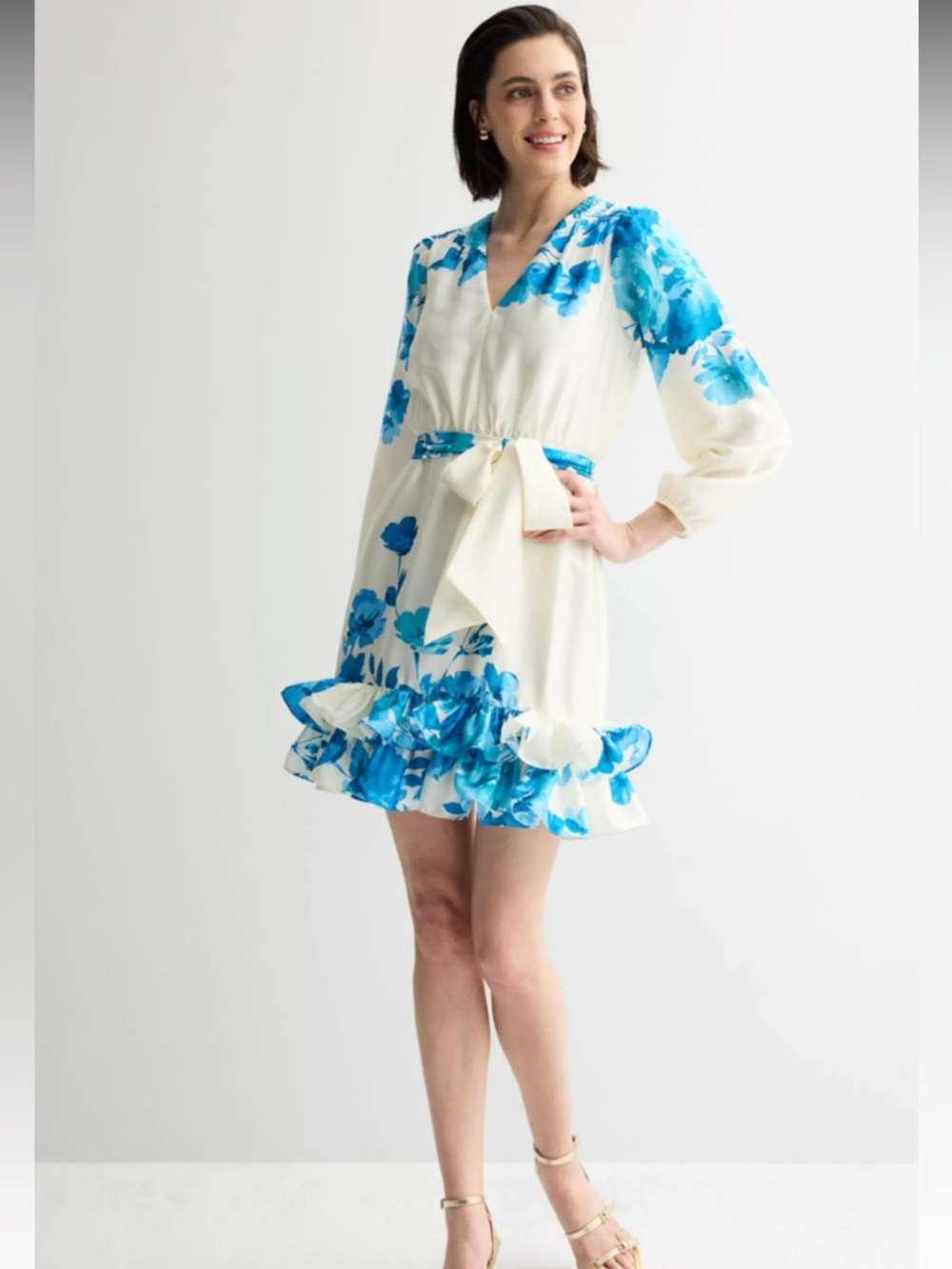 Blue Floral Ruffle V-Neck Mini Dress